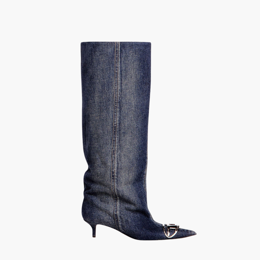 Denim Pointed Knee-High Boots