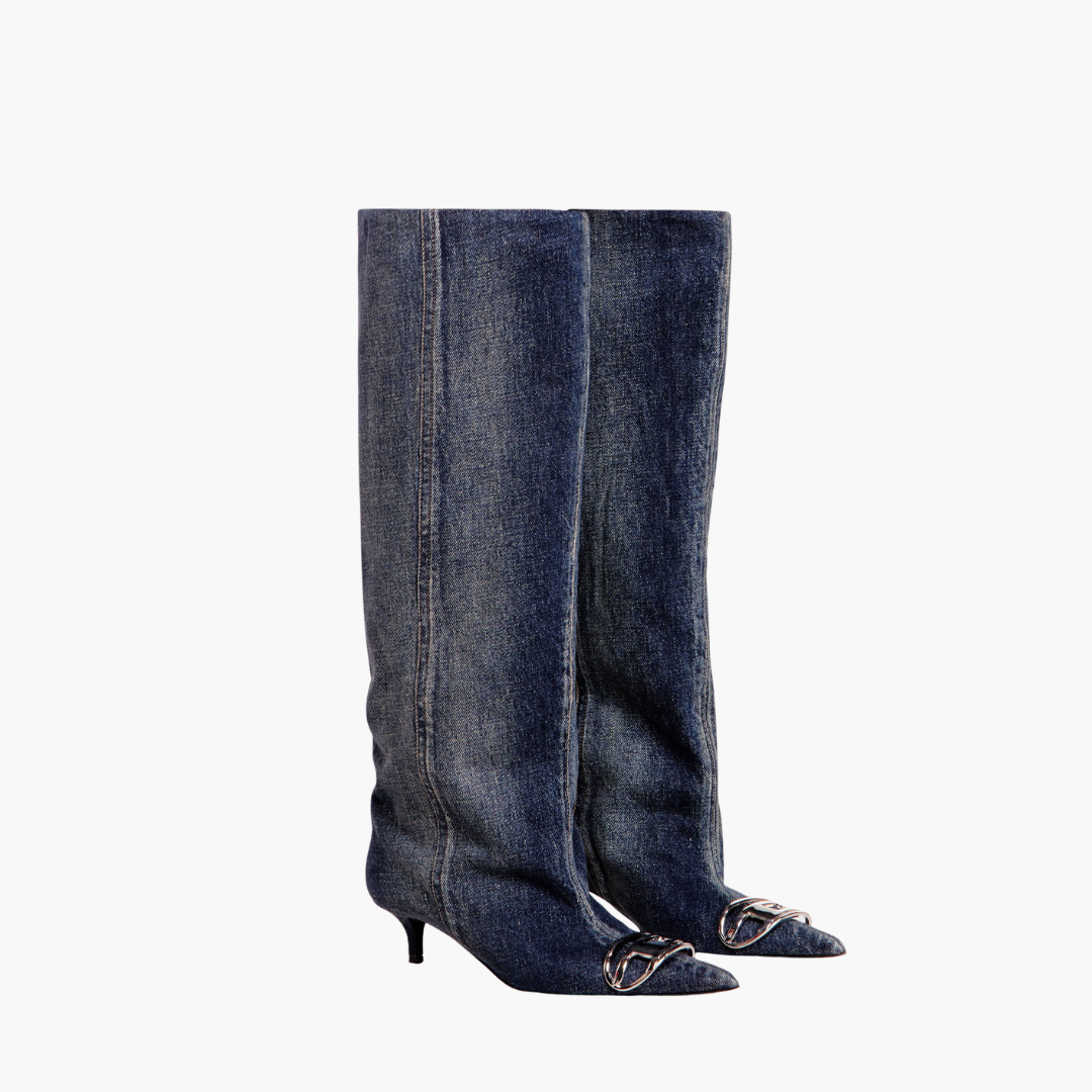 Denim Pointed Knee-High Boots