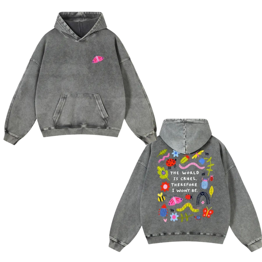 Cute Bug Print Washed Hoodie