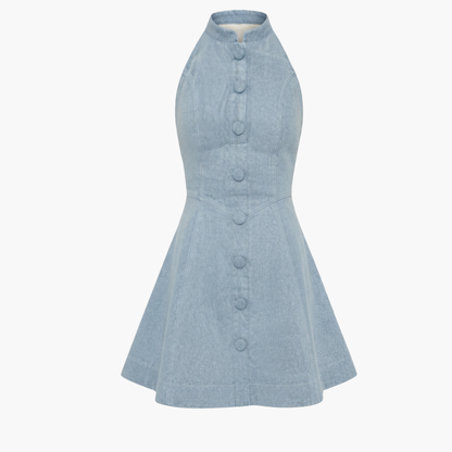 Classic Blueprint Denim Fit-and-Flare Mini Dress