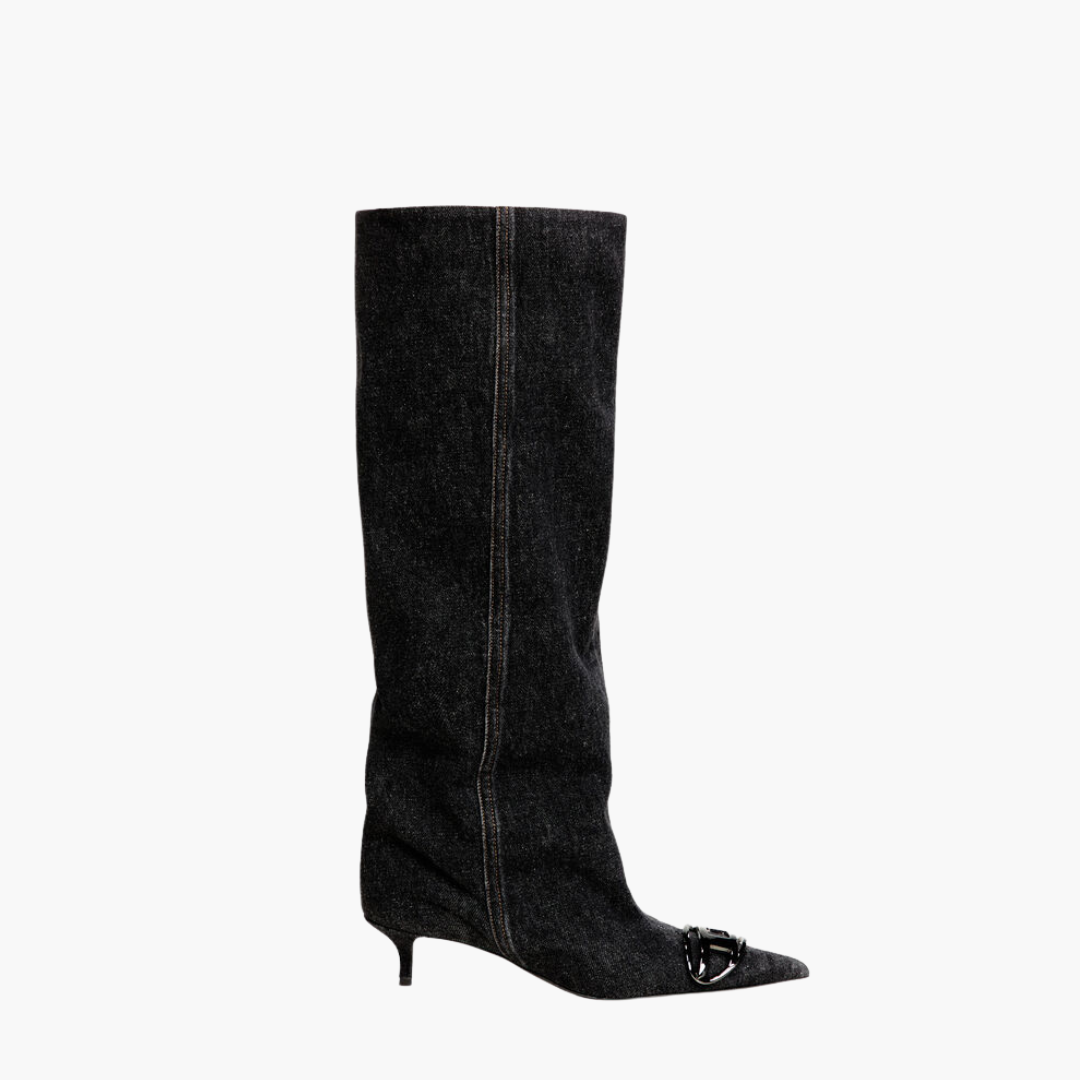 Denim Pointed Knee-High Boots