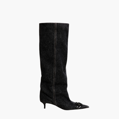 Denim Pointed Knee-High Boots