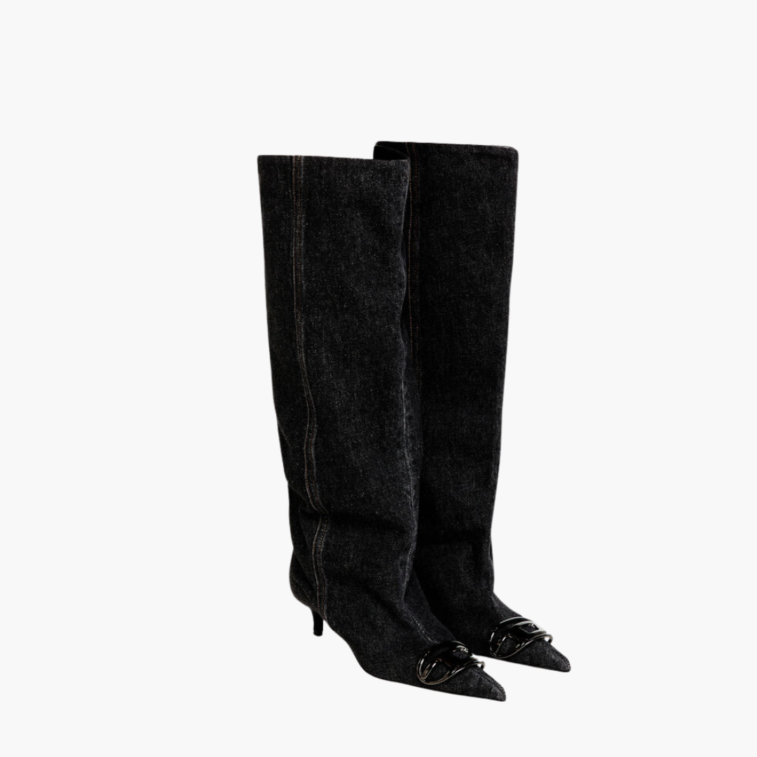 Denim Pointed Knee-High Boots