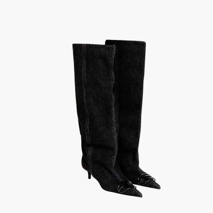 Denim Pointed Knee-High Boots