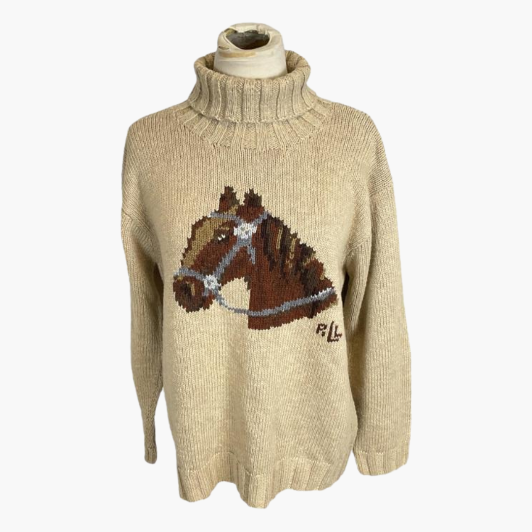 Vintage Chunky Knit Horse Head Turtleneck Pullover