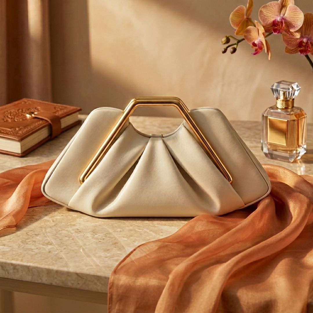 Women's Leather Clutch with Gold-Tone Handle